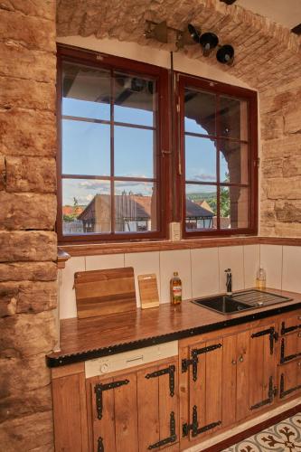 a kitchen with a sink and two windows at Schloss Fischbach in Eisenach