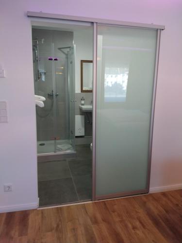 a bathroom with a shower and a glass door at Hotel am Stadion VANINO cucina ITALIAN in Bielefeld