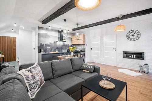 salon z szarą kanapą i kuchnią w obiekcie Gold Apartments Your Holiday Home RODZINNY 27 w mieście Krynica Zdrój