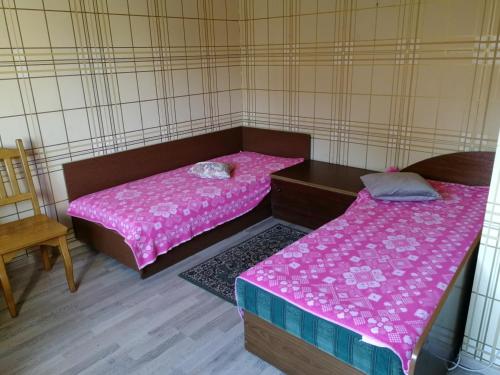 two beds sitting in a room with pink sheets at Arvydo Gylio sodyba in Ignalina