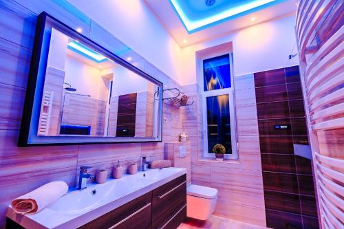 a bathroom with a sink and a mirror and a toilet at Luxury Smart Apartments in Szeged