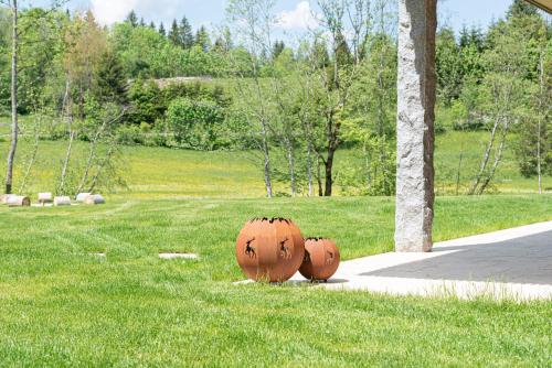 two pumpkins sitting in the grass in a field at Ferienhaus am See mit Sauna und Whirlpool in Wienerbruck