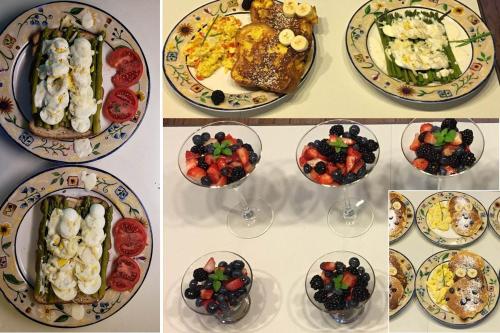 vier foto's van borden met eten op een tafel bij Our Space the Perfect Place B&B in Picton