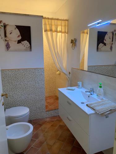 a bathroom with a sink and a toilet and a mirror at Agriturismo La Casa dei Ricordi in Collesalvetti