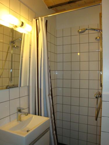 a bathroom with a sink and a shower at Engelsholm Bed & Breakfast in Bredsten