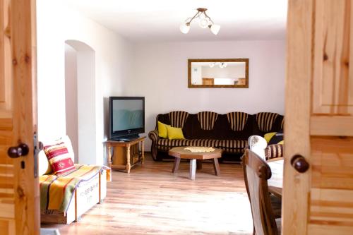 Kamienna Chata في Urowo: غرفة معيشة مع أريكة وتلفزيون