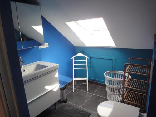 ラ・ロシュ・アン・アルデンヌにあるGite des Evêtsのバスルーム(シンク、トイレ付)、天窓が備わります。