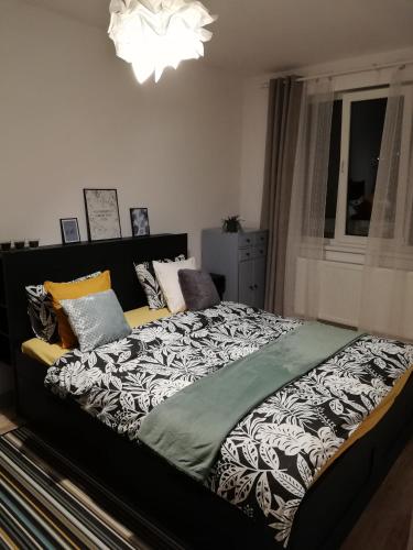 a bedroom with a bed with a black and white comforter at Arsan home in Cluj-Napoca
