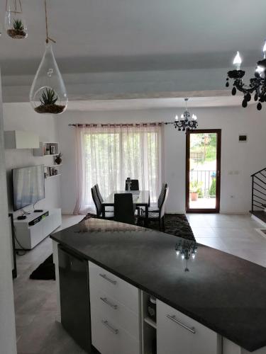 a kitchen and living room with a table and chairs at Pensiunea Timiș in Borşa