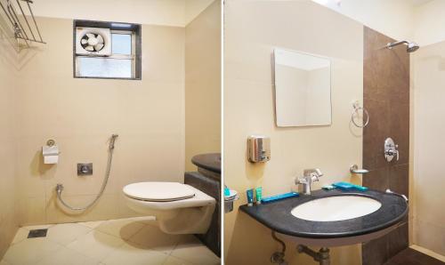 two pictures of a bathroom with a toilet and a sink at Treebo Bhagyashree Executive in Pune