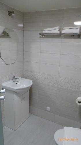 a white bathroom with a sink and a shower at Penzion Sklář in Nový Bor