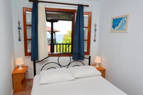 a bedroom with a bed and a window at Seaside 1 in Agia Paraskevi