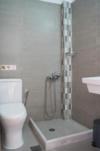 a bathroom with a shower with a toilet and a sink at Afroditi Pansion in Agios Nikitas