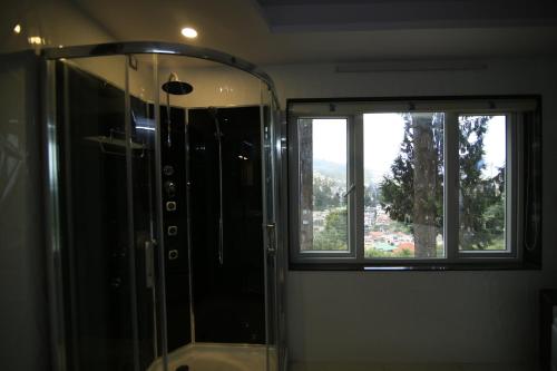 a bathroom with a glass shower and a window at Beverly villa in Ooty