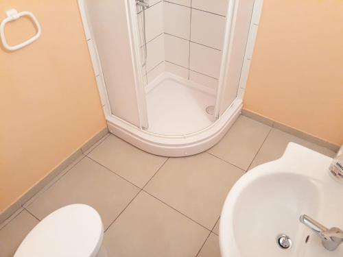 uma casa de banho com um chuveiro, um WC e um lavatório. em Apartments Božito em Nin