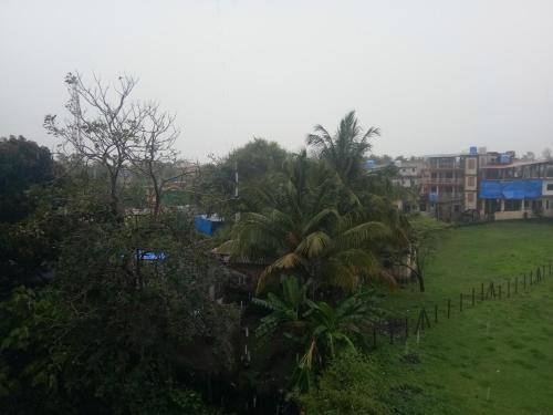a park with palm trees and buildings in the background at Shreyas Guest house - Tatkare Villa in Kashid