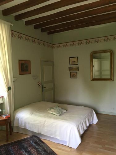 1 dormitorio con 1 cama blanca en una habitación en chambre sur jardin entre Fontevraud et RignyUssé en Avoine