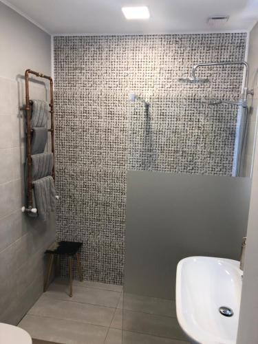 a bathroom with a shower and a white sink at Butas centre in Klaipėda