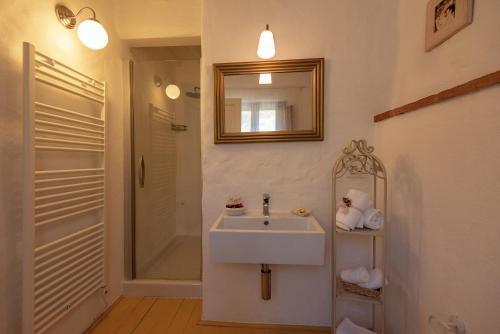 a bathroom with a sink and a mirror and a shower at B&B Country House Poggio Del Drago in Ponticino