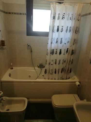 e bagno con vasca, servizi igienici e tenda per la doccia. di ROMA M3 JONIO Double ROOM with BATHROOM a Roma