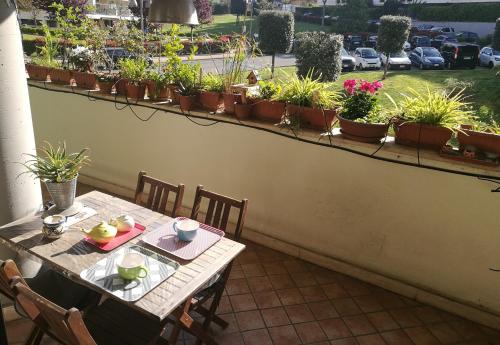 un tavolo e sedie su un balcone con piante in vaso di ROMA M3 JONIO Double ROOM with BATHROOM a Roma