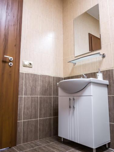 a bathroom with a white sink and a mirror at Fabrik Haus in Marghita