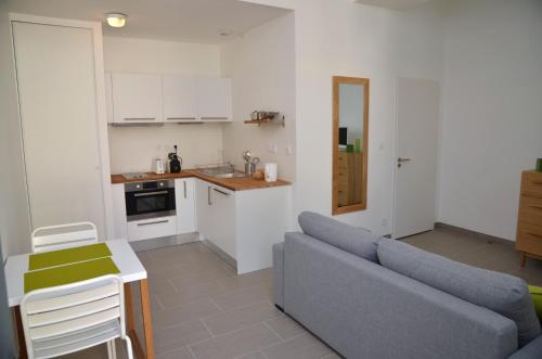 a living room with a couch and a kitchen at Le Clos des Salins in Toulouse