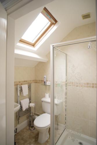 a bathroom with a toilet and a shower and a sink at Dene House Guest House in Bowness-on-Windermere