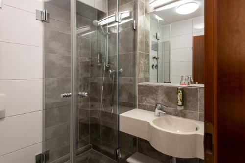 La salle de bains est pourvue d'un lavabo et d'une douche. dans l'établissement Avenon Privathotel Schwaiger Hof, à Schwaig bei Nürnberg