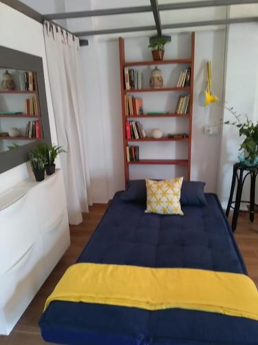 a bedroom with a blue and yellow bed and bookshelves at Estudio "La Cochera de Sorrapa" in Deltebre