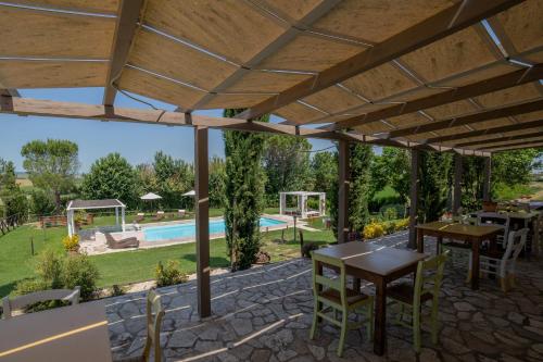a patio with tables and chairs and a pool at Le Maraclà Country House in Iesi