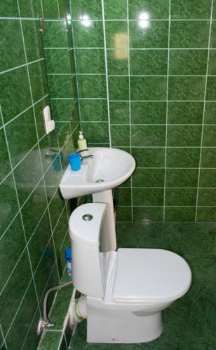 a green tiled bathroom with a toilet and a sink at JR's House in Yerevan