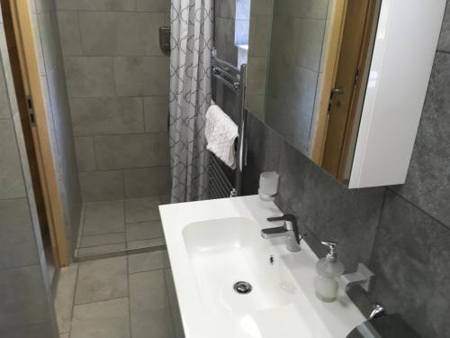 uma casa de banho com um lavatório branco e um chuveiro em Modern Apartman Deluxe em Alsóörs