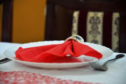a red napkin on a plate on a table at Country house Dunjin Konak in Rogljevo