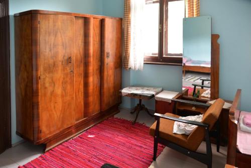 a living room with a large wooden cabinet and a red rug at Country house Dunjin Konak in Rogljevo