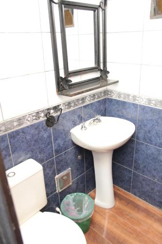 a bathroom with a sink and a toilet and a mirror at Hotel Catedral in Ciudad del Este