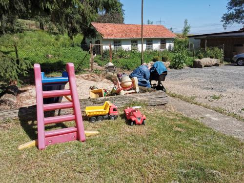 a couple of people playing with toys in a yard at Ferienhof Ehlers in Hülsede