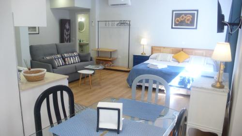 a room with a bed and a living room at Casa Armas A, en Zocodover, Casco Histórico in Toledo