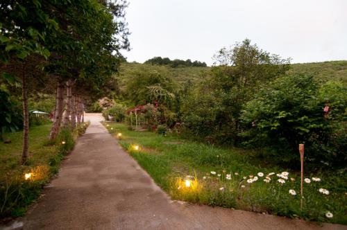 a path in a garden with lights in the grass at Agva Nehir Evi - Adult Only in Agva