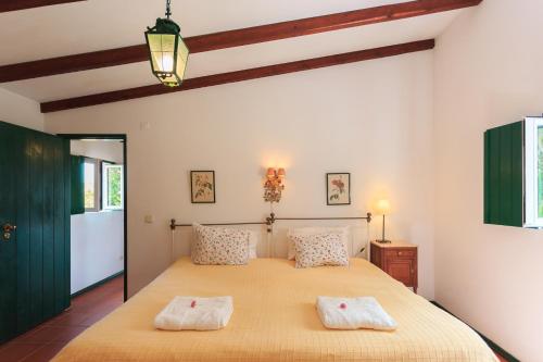 a bedroom with a large bed with two towels on it at Casa dos Mangues in São Martinho do Porto
