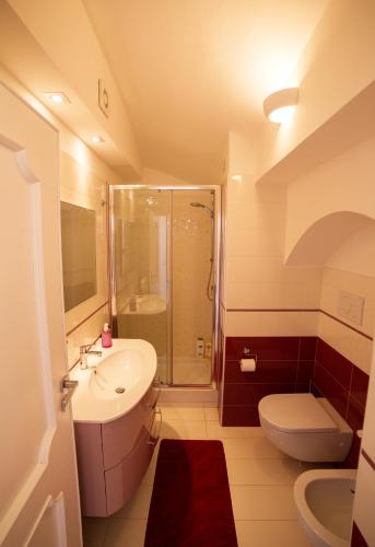 a bathroom with a sink and a toilet and a shower at Villa Marilisa in Conca dei Marini
