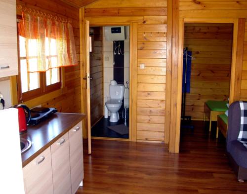 a bathroom with a toilet in a wooden cabin at Domki LaPlata na Kaszubach in Wiele