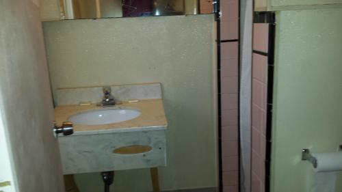 baño con lavabo y puerta abierta en Hallmark Motel, en Cinnaminson