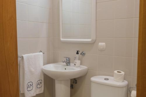 a bathroom with a sink and a toilet and a mirror at Apartments Madeira Santa Maria in Funchal