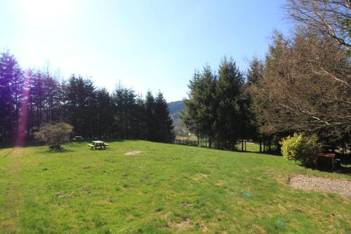 einen Park mit einem Picknicktisch in der Mitte eines Feldes in der Unterkunft Gîte Les Jonquilles in Le Bonhomme