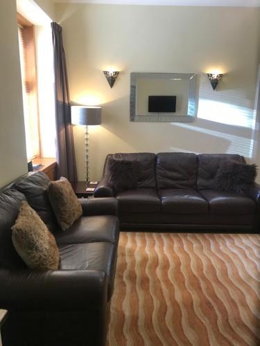 a living room with a leather couch and a flat screen tv at Reay Street Apartment in Inverness
