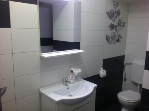 a bathroom with a sink and a toilet and a mirror at Flory`s Apartment Mamaia in Mamaia