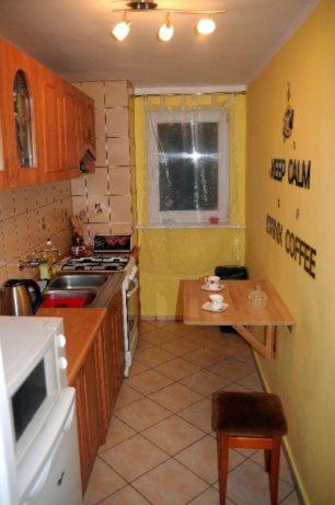 a small kitchen with a stove and a table at Domek nad morzem Wisełka in Wisełka