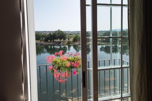 a window with a hanging basket of flowers on a balcony at River Ebro Apartments in Móra d'Ebre