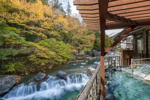 a waterfall next to a building next to a river at Shima-Onsen Toshimaya in Nakanojo